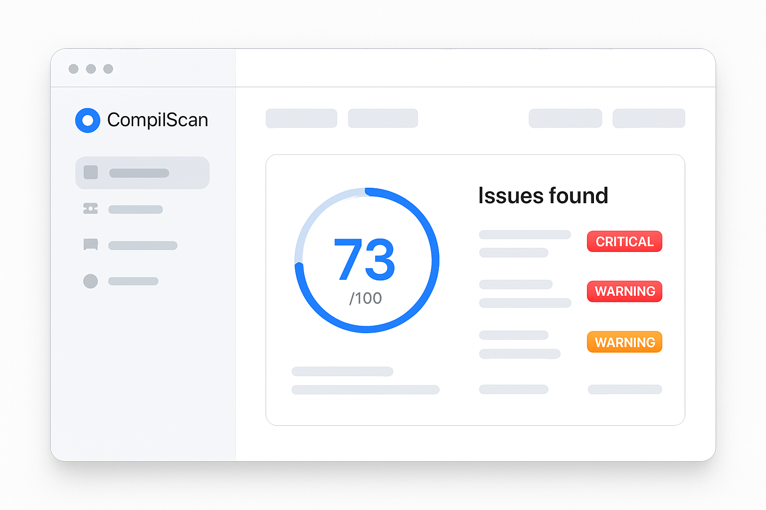 CompliScan dashboard showing a compliance score of 73 out of 100 with critical and warning issues listed